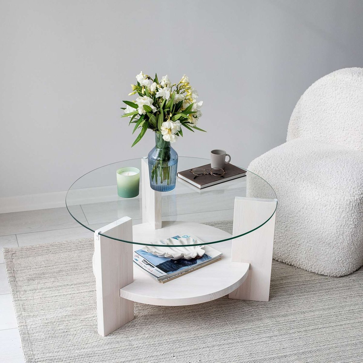 Table basse ronde 1 étagère en verre et bois massif AURÉLINE blanc, TOILINUX