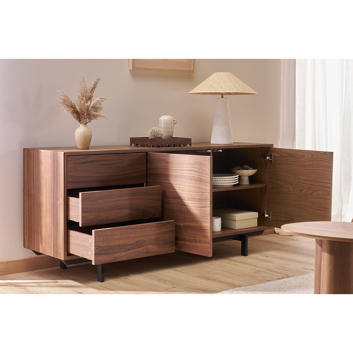 Buffet vintage en bois foncé noyer 2 portes 3 tiroirs L160 cm MANNY noyer, MILIBOO