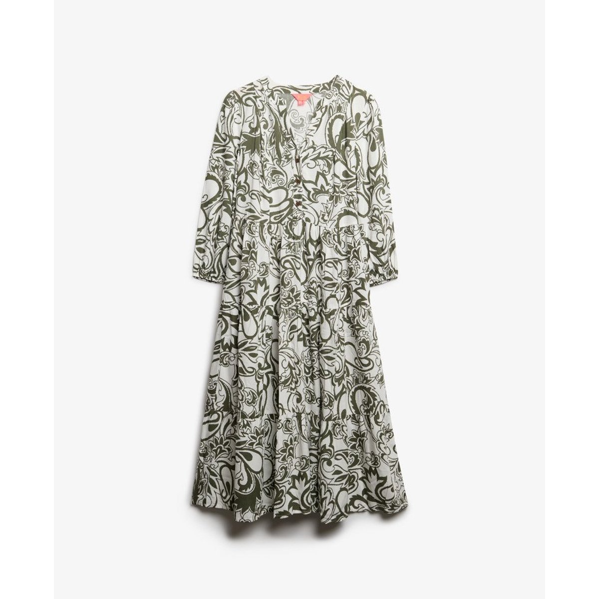Robe mi-longue tissée à volants cachemire kaki, SUPERDRY