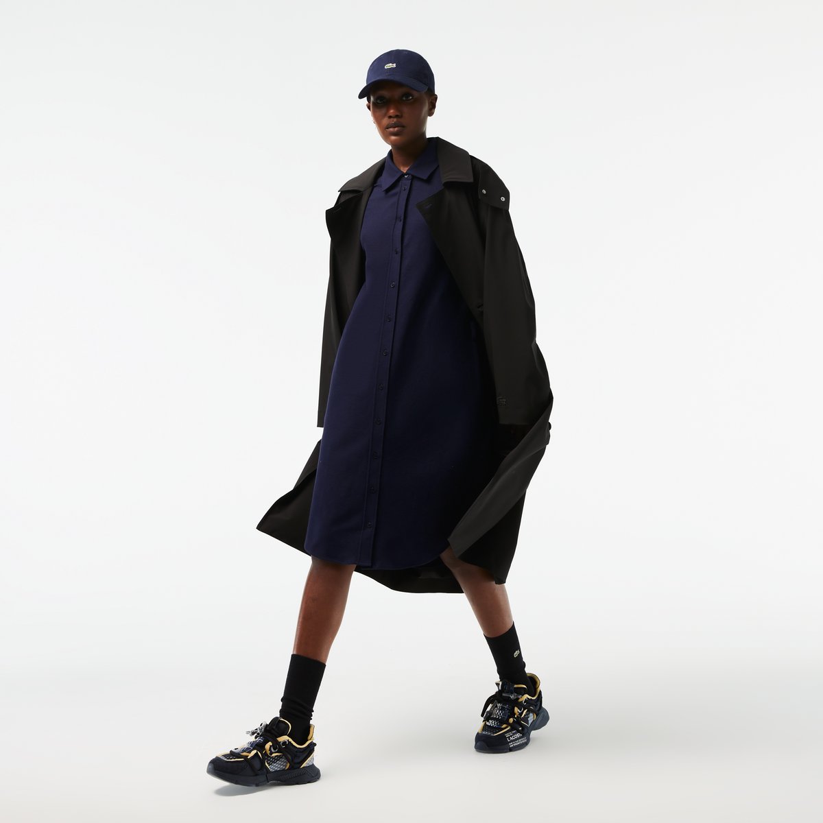 Robe polo avec taille ajustable en piqué de coton bleu-166, LACOSTE