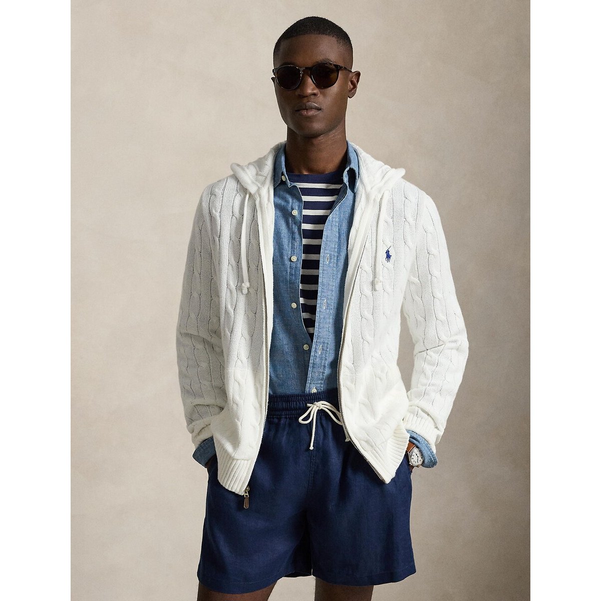 Pull con cappuccio e zip in maglia a treccia bianco, POLO RALPH LAUREN