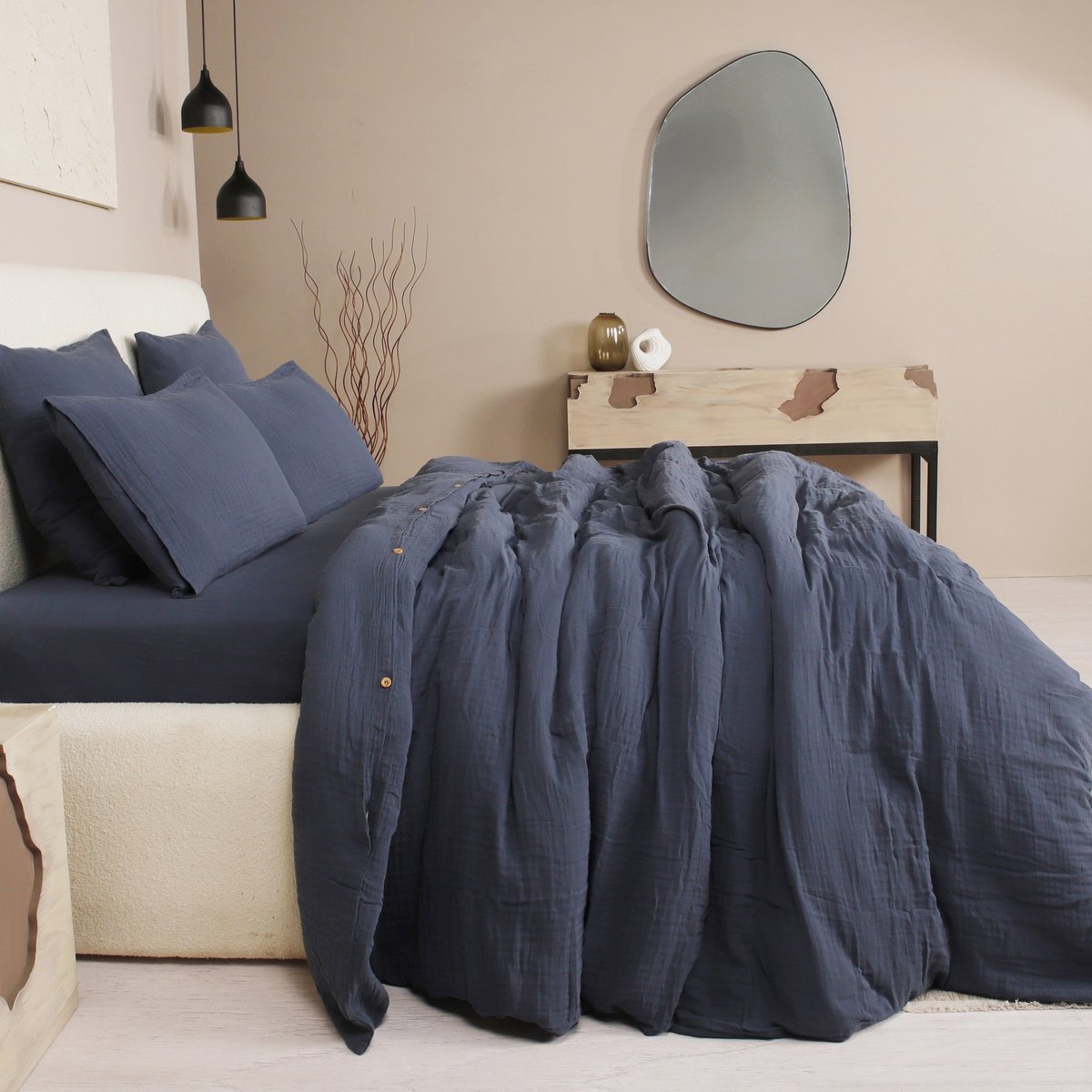 Parure de lit - Housse de couette + taie 100% Gaze de Coton Lavé bleu pétrole, EDEN
