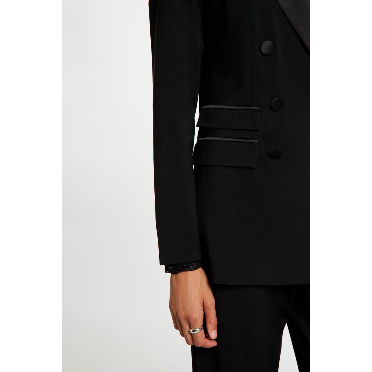 Veste satin col tailleur noir, MORGAN