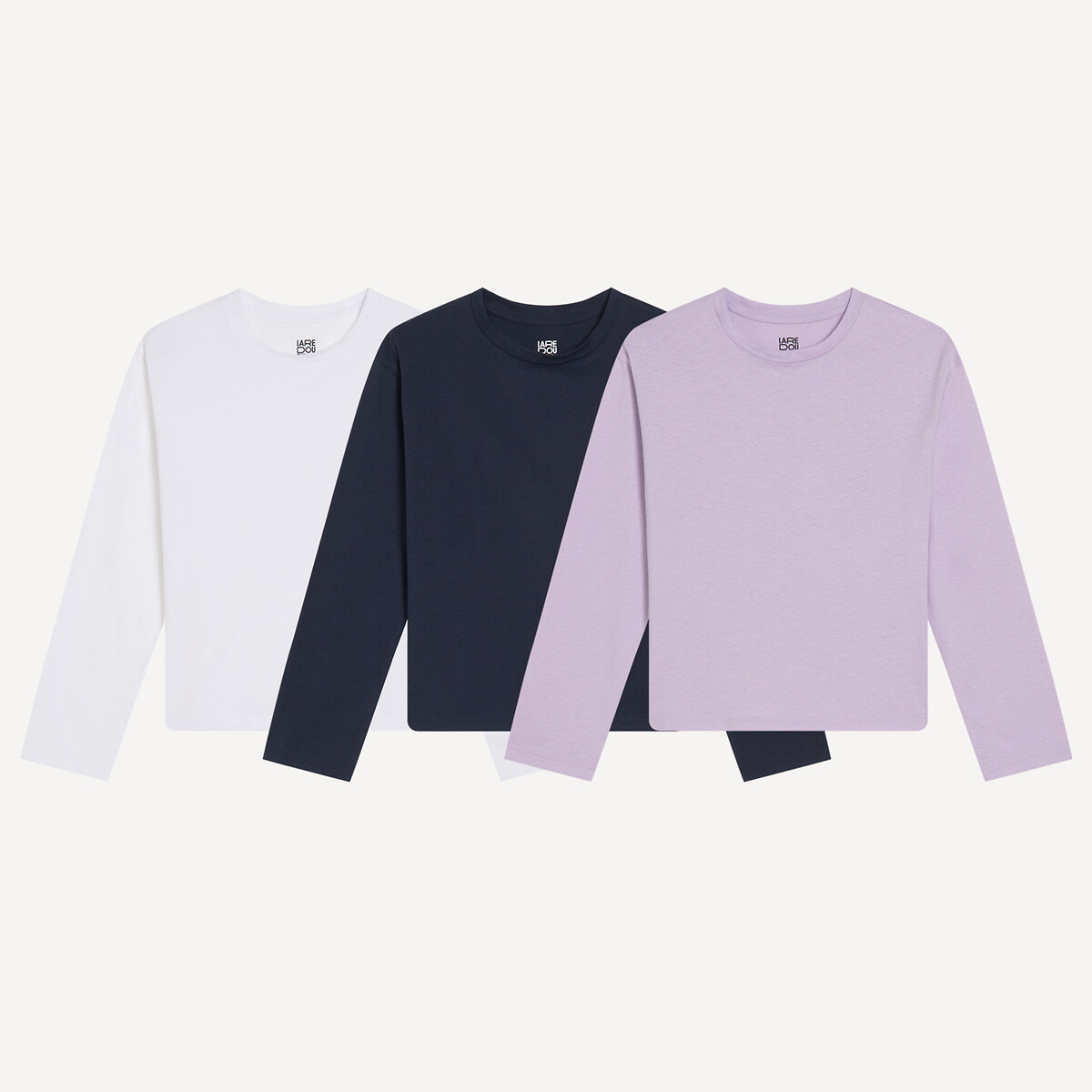 Lot de 3 T-shirts, à col rond et manches longues bleu marine + parme + blanc, LA REDOUTE COLLECTIONS