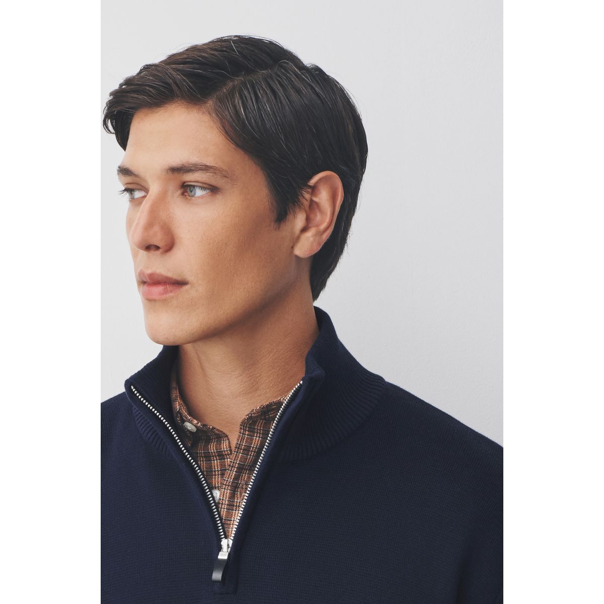 Pull regular à col zippé haut de gamme bleu marine, NEXT