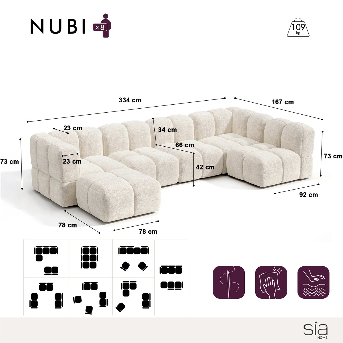 Canapé grand angle modulable 8 places en velours texturé NUBI crème, SIA HOME