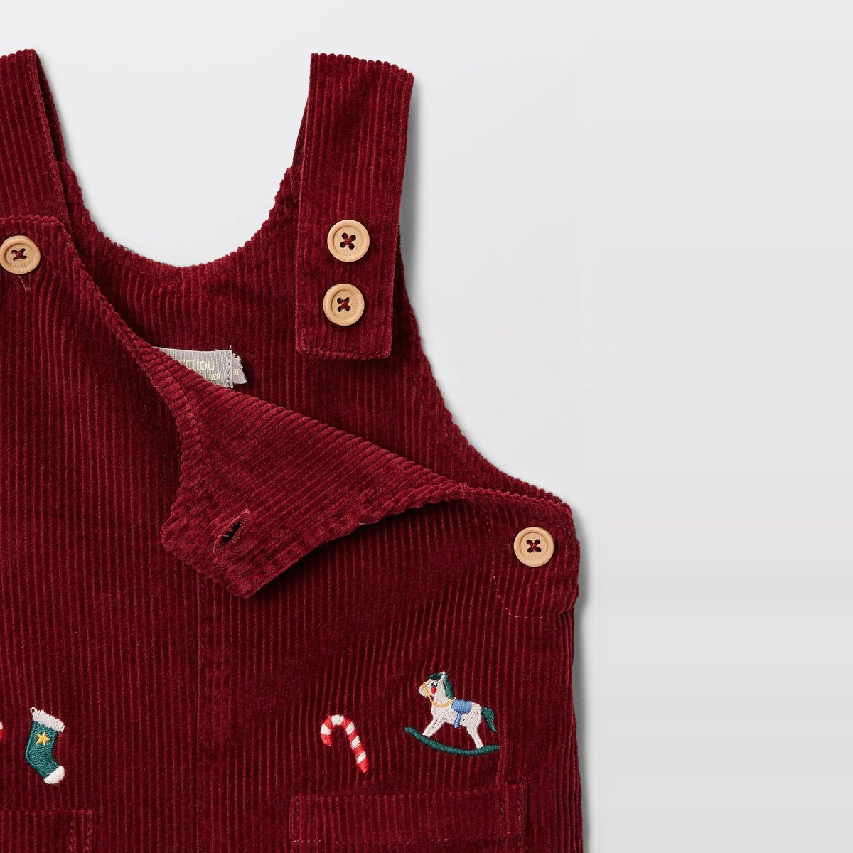 Salopette longue en velours brodée en coton BIO GOTS bordeaux, BOUT'CHOU