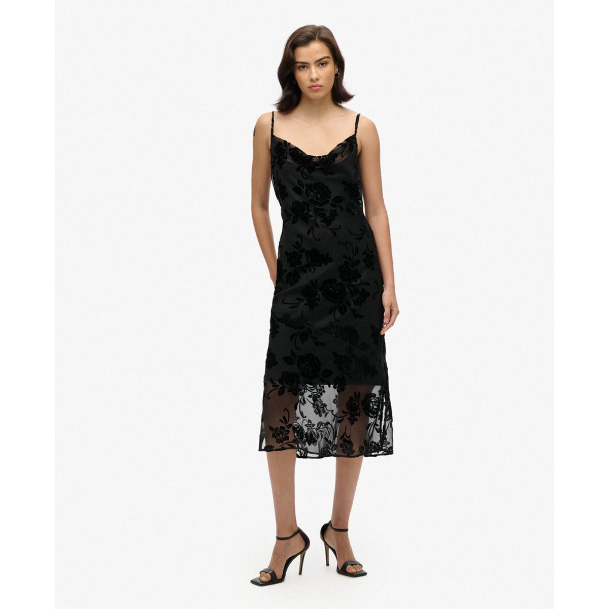 Robe à enfiler mi-longue effet dévoré à col bénitier motif floral noir, SUPERDRY