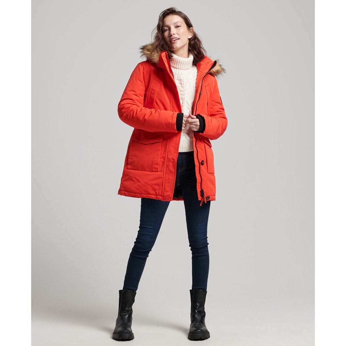 Parka à capuche imitation fourrure mi longue orange vif, SUPERDRY