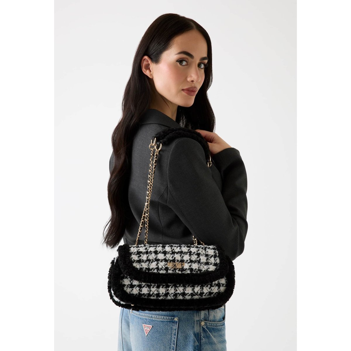 Mini Sac À Bandoulière Cristi Pied-De-Poule noir multi, GUESS