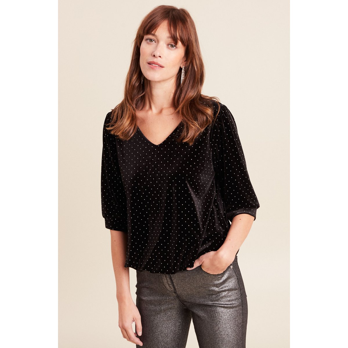 Top velours col v manches 3/4 strass noir, BREAL