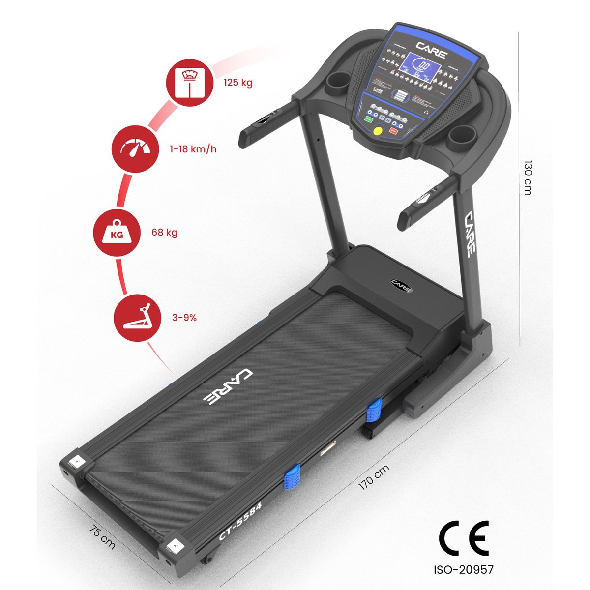 Tapis de course Connecté CARE - CT-5584-3 - 18km/h - Kinomap noir, CARE FITNESS
