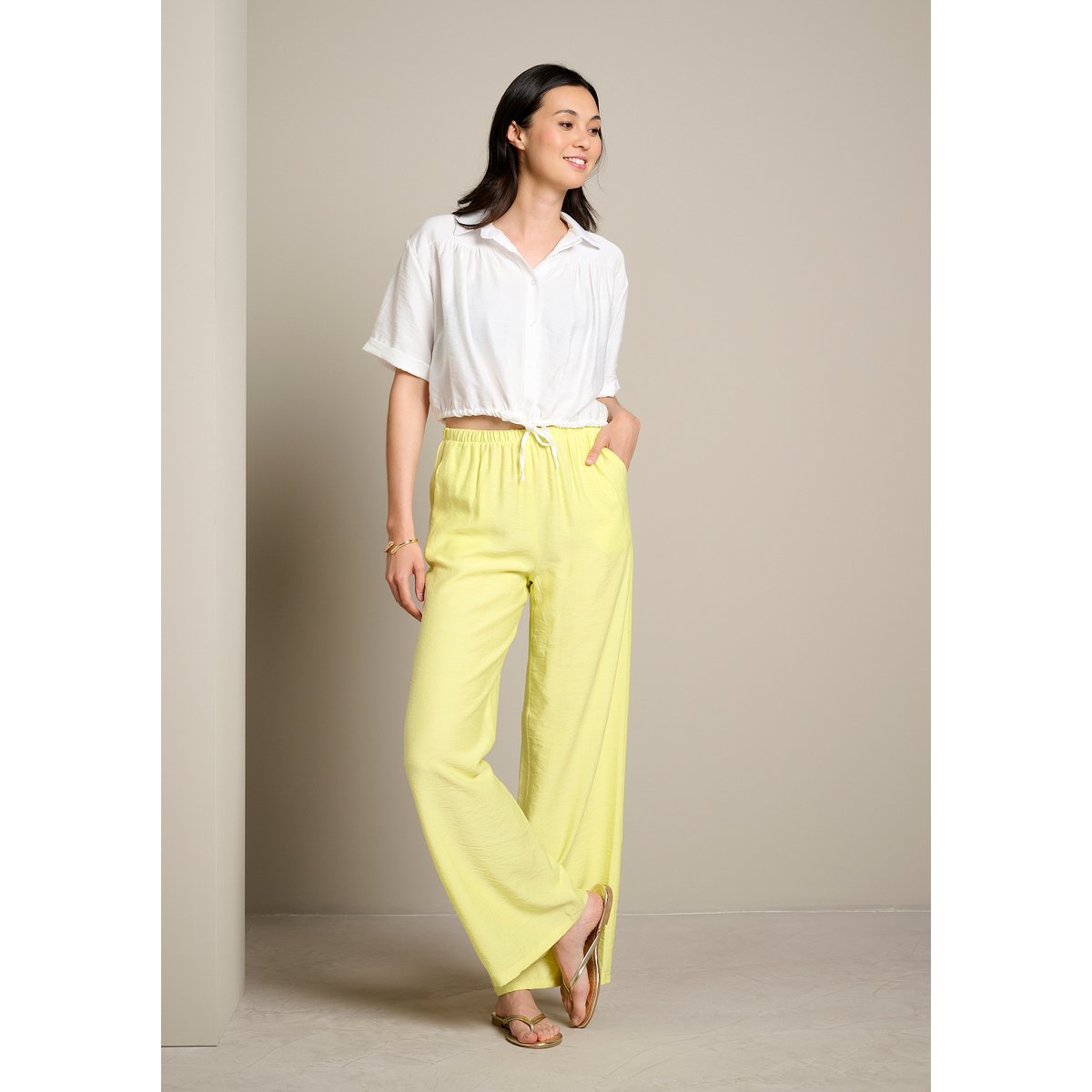 Pantalon fluide taille haute jaune pastel, LOLALIZA