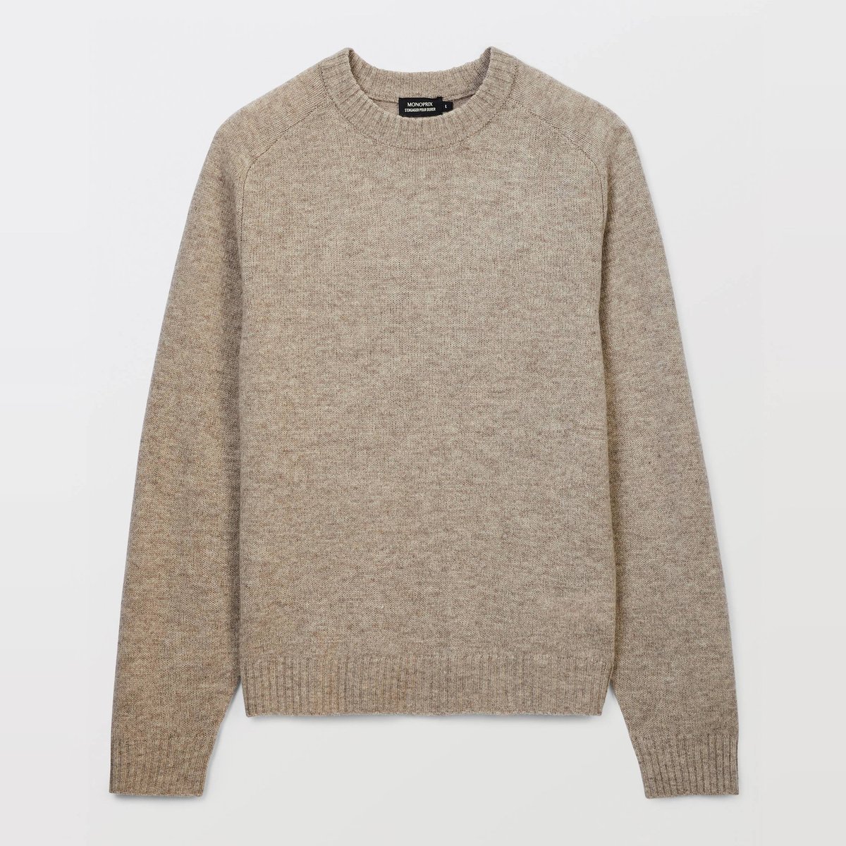 Pull col rond en laine beige, MONOPRIX