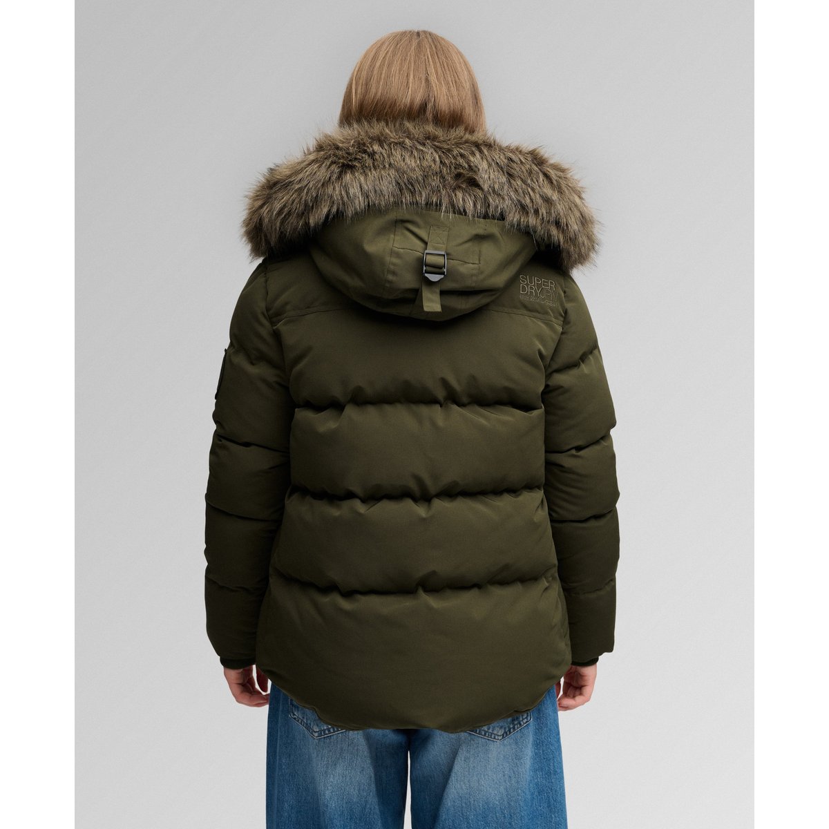 Doudoune courte à capuche en imitation fourrure kaki militaire, SUPERDRY