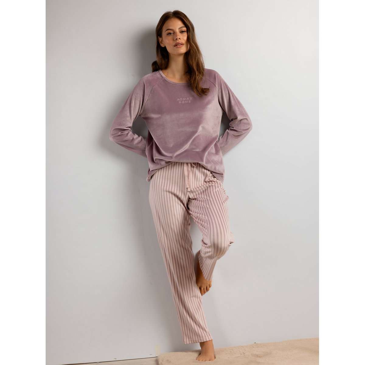Pyjama velours pantalon top manches longues Stripes violet, ADMAS
