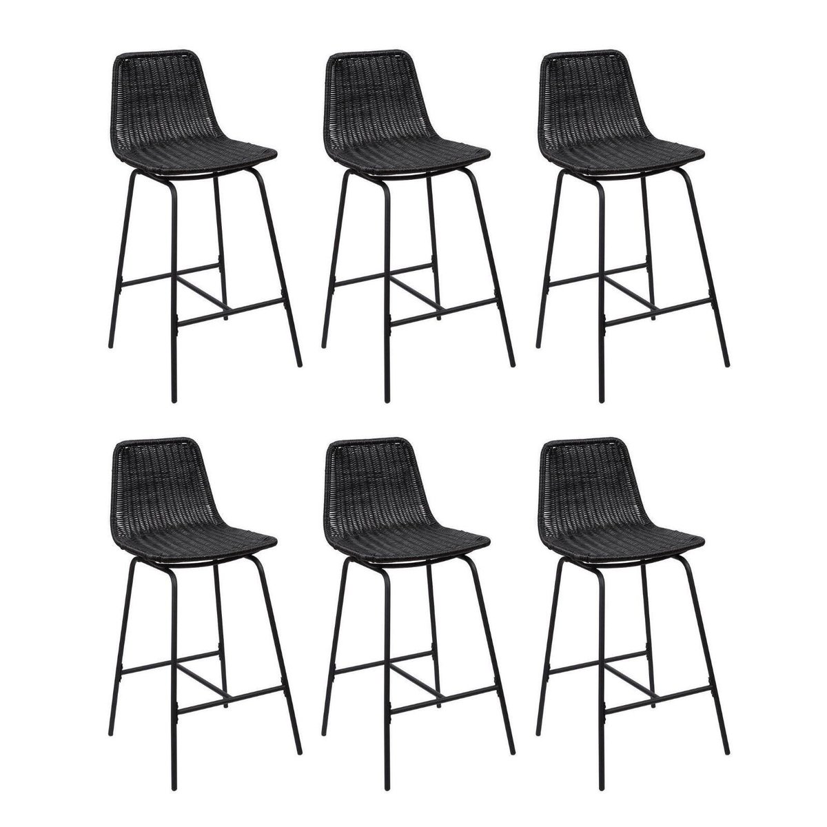 Lot de tabourets de bar et d'ilot en métal avec assise en rotin 65cm KUTA|Lot de 6 | Lot de 6 noir, MOB IN