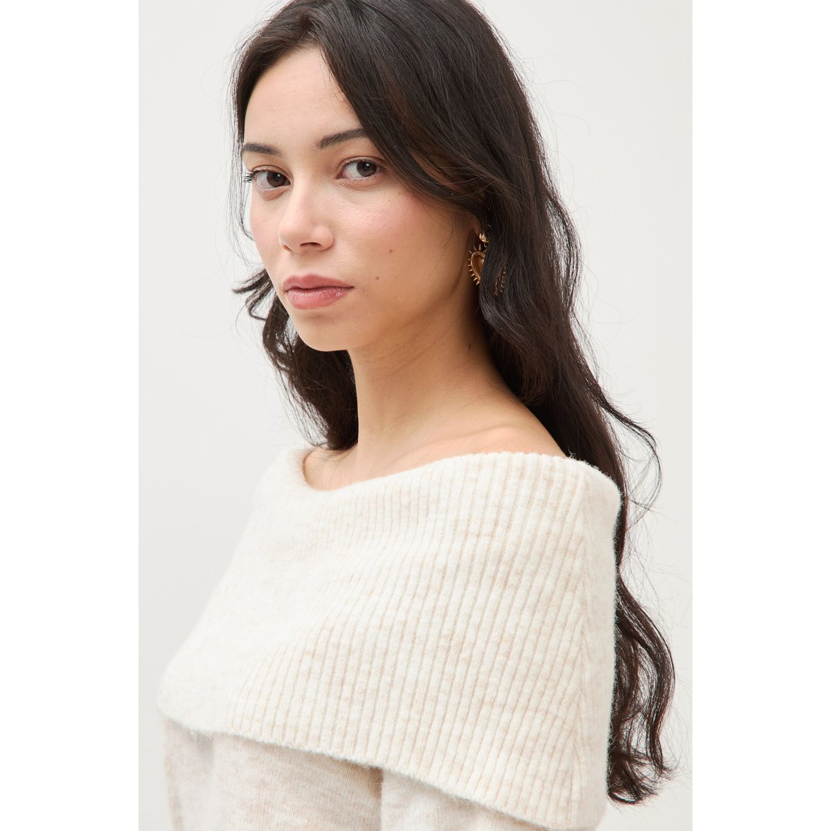 Pull droit manches longues bardot ecru, BONOBO