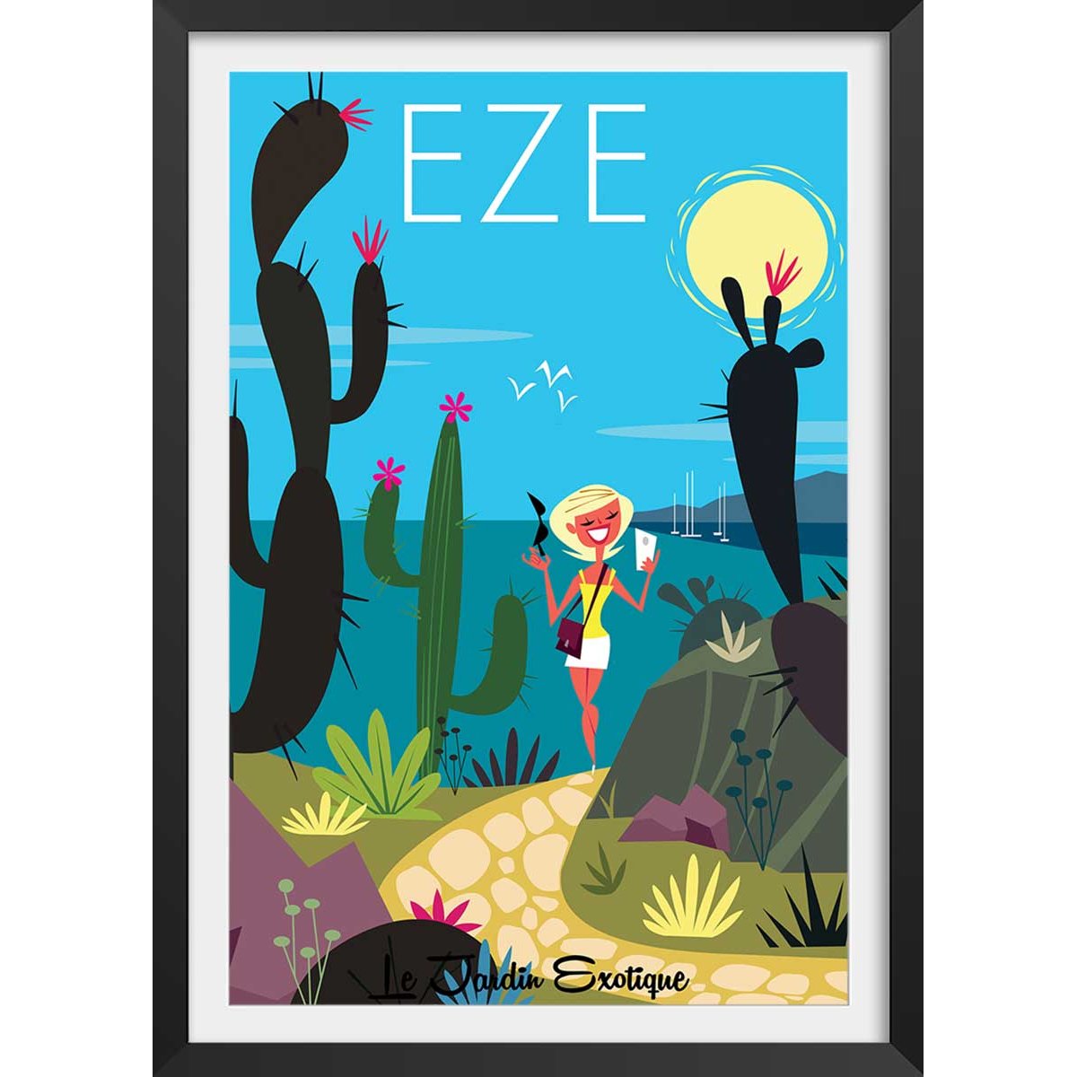 Poster de jardin exotique d' eze affiche + cadre en bois - noir, HEXOA