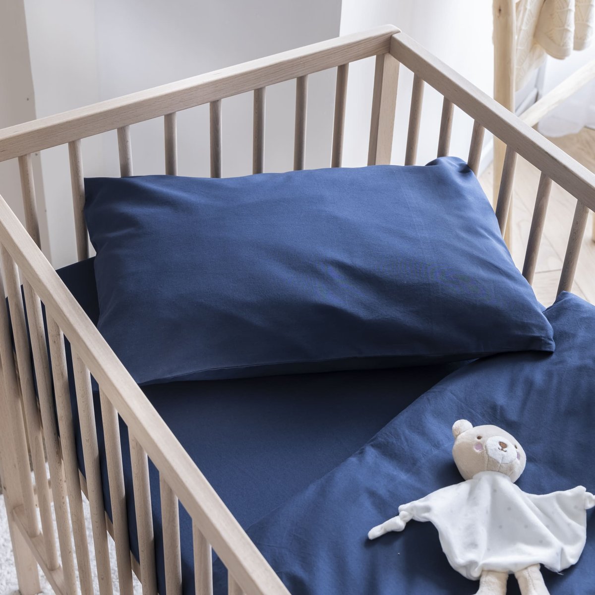 Taie d'oreiller coton lavé bébé bleu marine, SOMEO