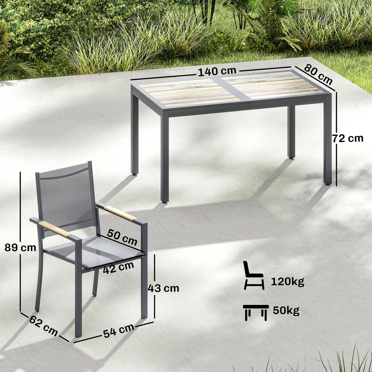 Ensemble de salon de jardin Acier Galvanisé gris foncé, marron clair, OUTSUNNY