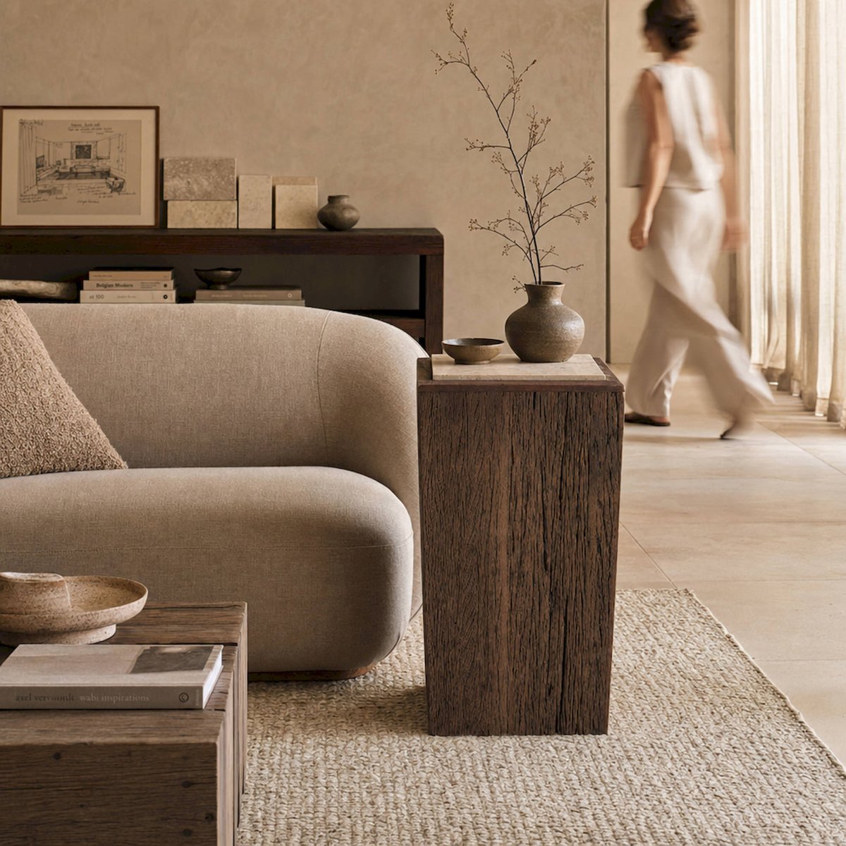 Sellette rustique bois et travertin marron et beige, RECOLLECTION