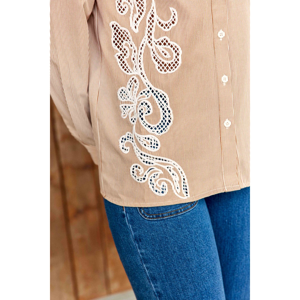 Chemisier manches longues col chemise imprimé à rayures CLEMA 15-ecru/camel, LA PETITE ETOILE