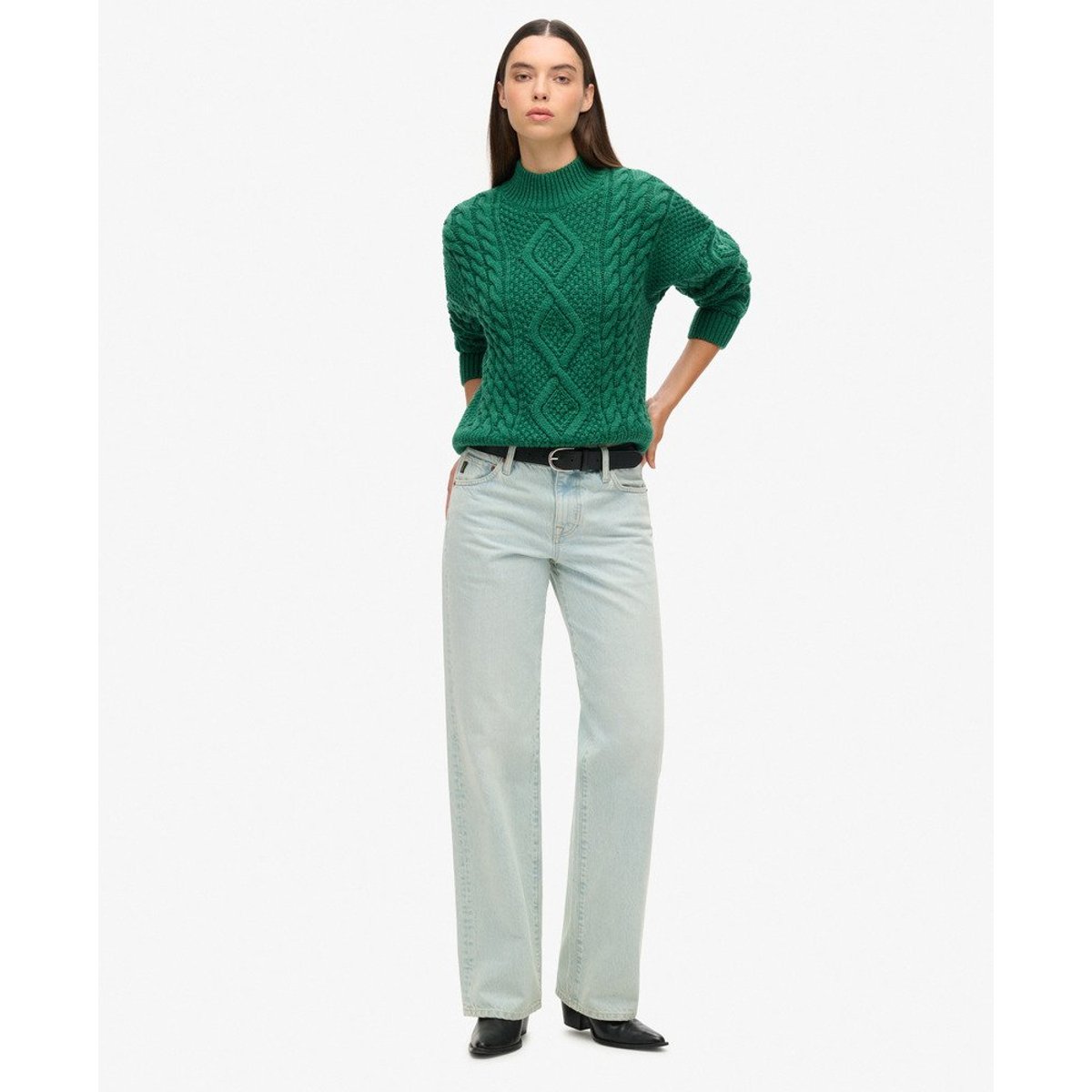 Pull polo en maille torsadée Aran vert pinède, SUPERDRY