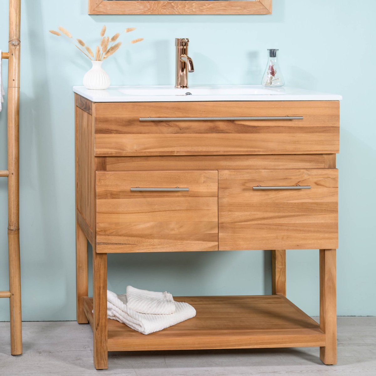 Meuble salle de bain en teck et céramique Bagster 80 cm crème, WANDA COLLECTION