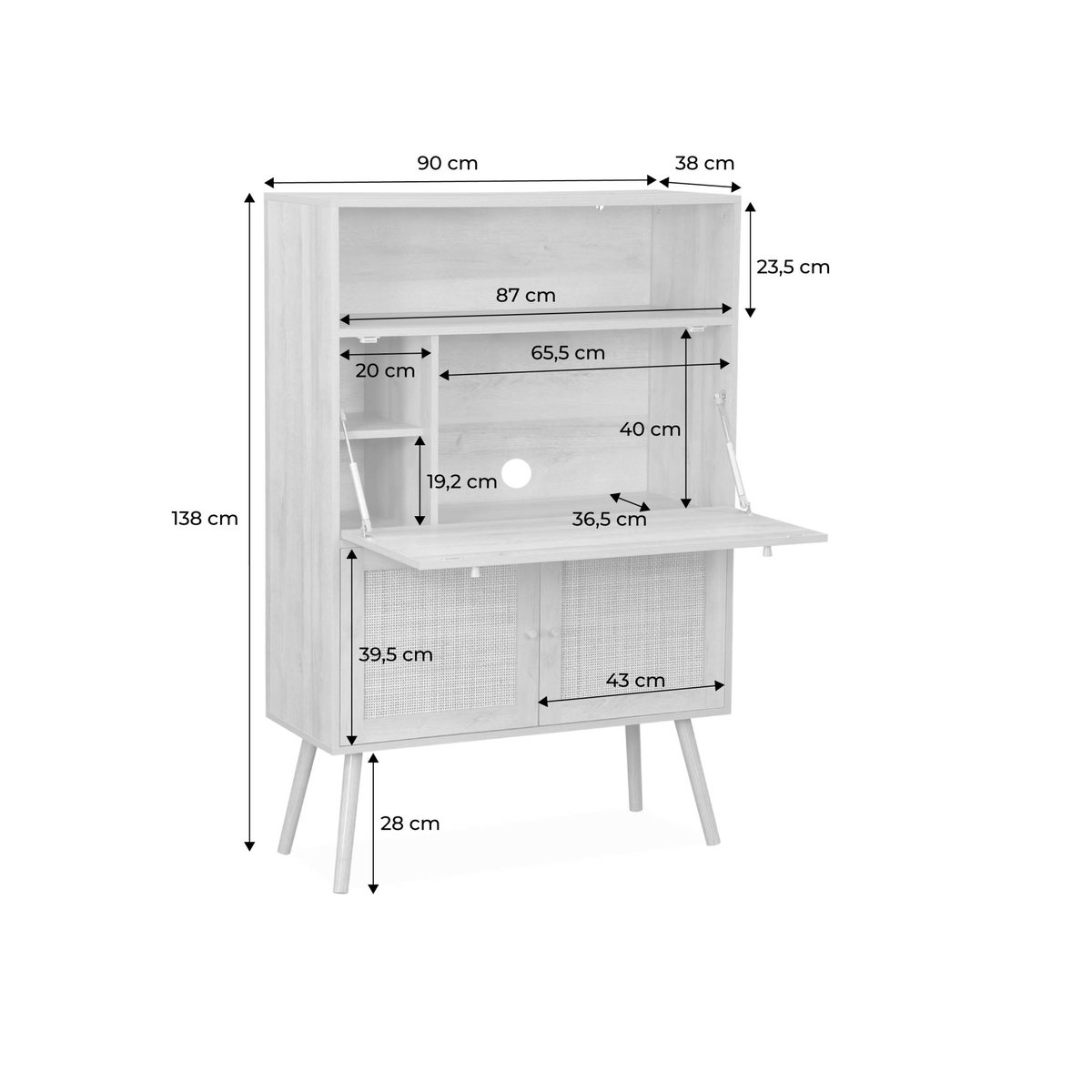 Bureau secrétaire décor bois et cannage 2 portes BOHÈME naturel, SWEEEK