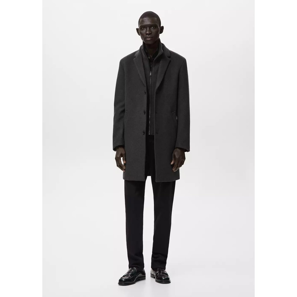 Manteau laine col intérieur amovible gris chiné foncé, MANGO MAN