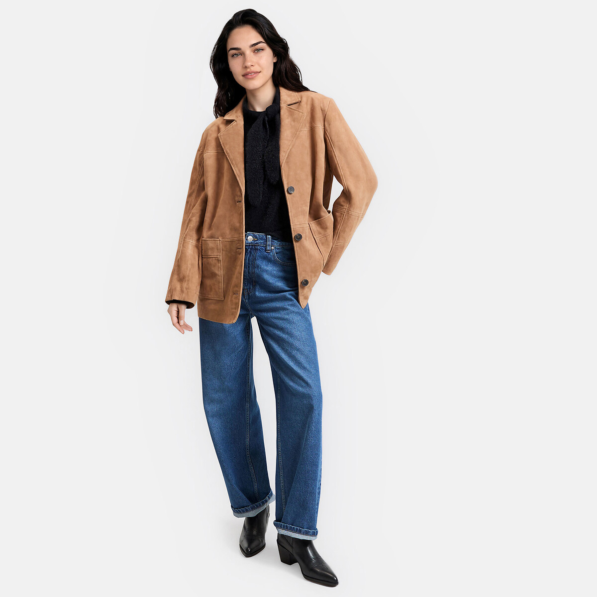 Veste droite col tailleur en cuir de chèvre marron camel, LA REDOUTE COLLECTIONS