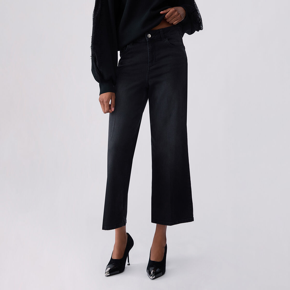 Pantalon évasé court denim noir, LIU JO