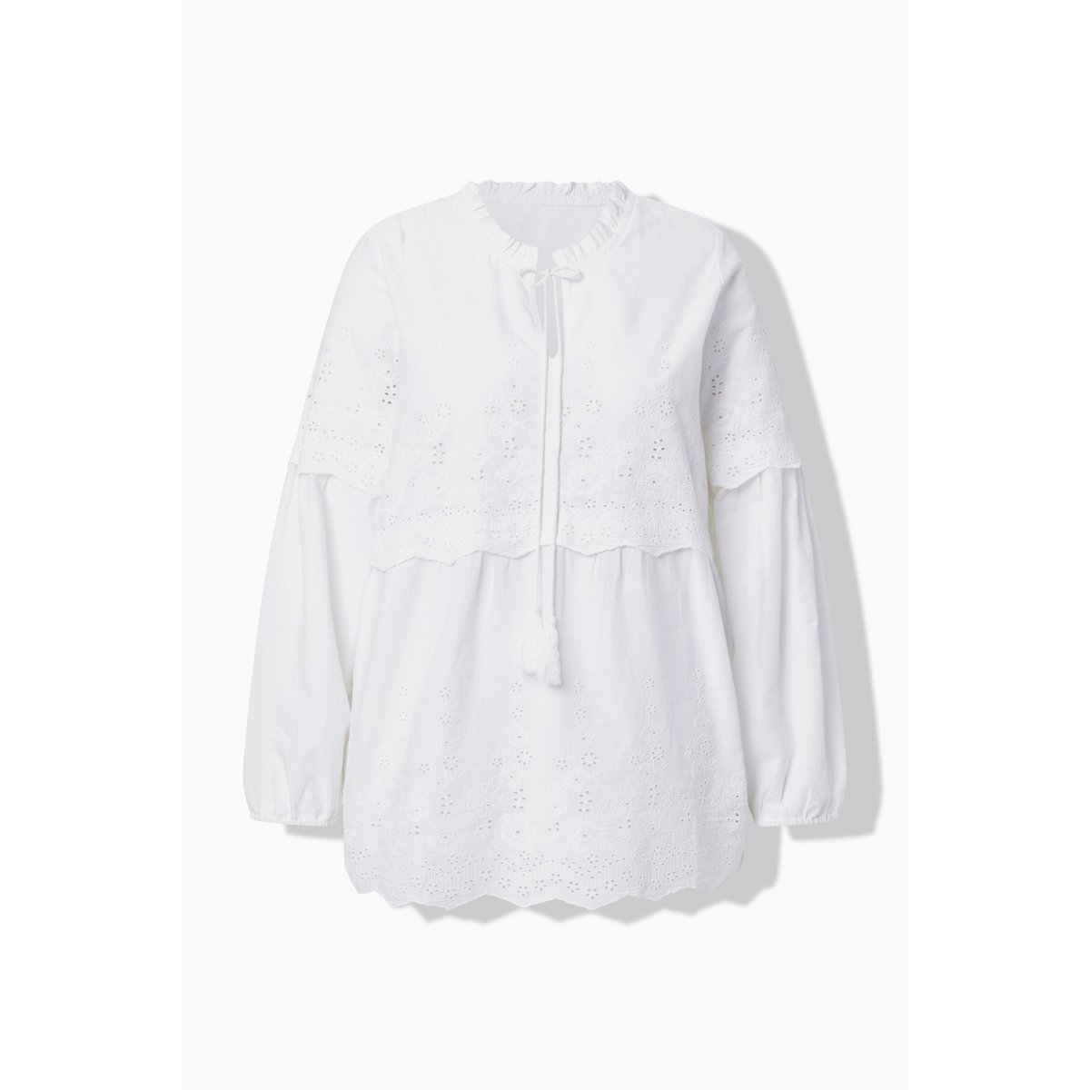 Blouse esprit bohème avec ruchés/dentelle blanc neige, ULLA POPKEN