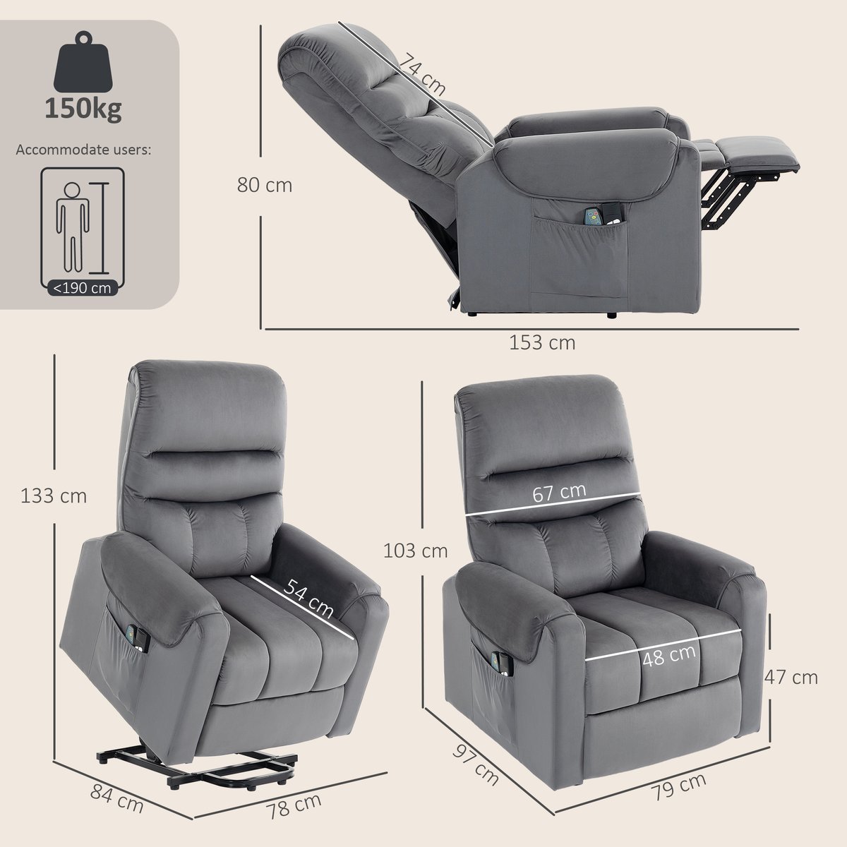 Fauteuil releveur multifonctionnel Velours gris foncé, HOMCOM