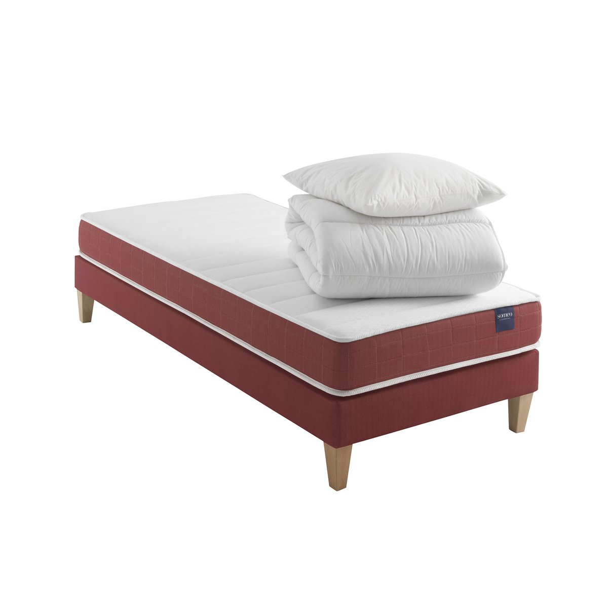 Ensemble matelas couchage latex, sommier, pieds, couette et oreiller Crépuscule 400 blanc, SOMEO