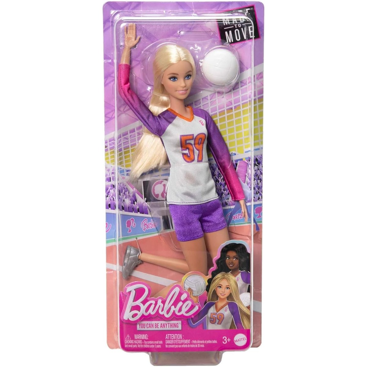 métiersPoupée articulée joueuse de Volleyball violet et blanc, MATTEL