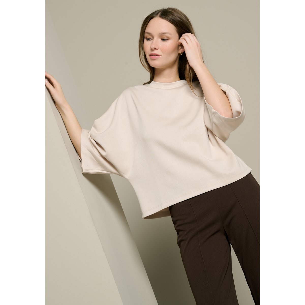 Sweat col rond manches larges beige ash, LOLALIZA