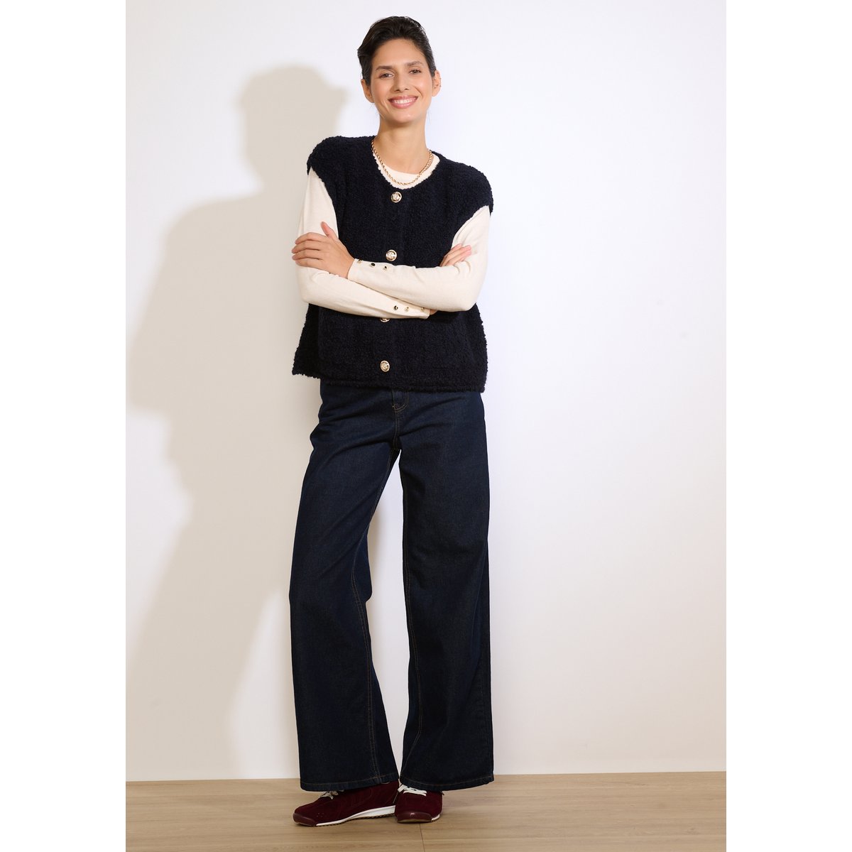 Gilet sans manches bouclé bleu marine, LOLALIZA