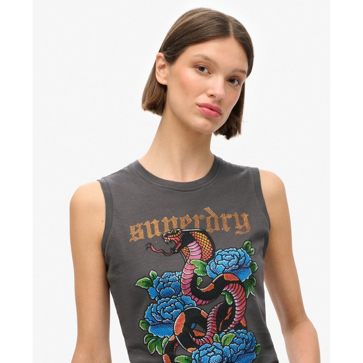 Débardeur à strass effet tatouage anthracite, SUPERDRY