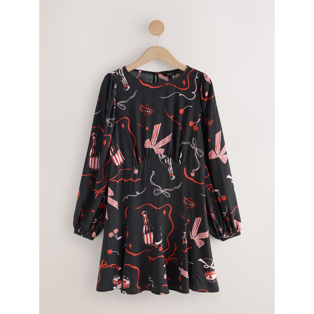 Robe courte évasée manches longues surpiquée imprimé noël noir/rose, NEXT