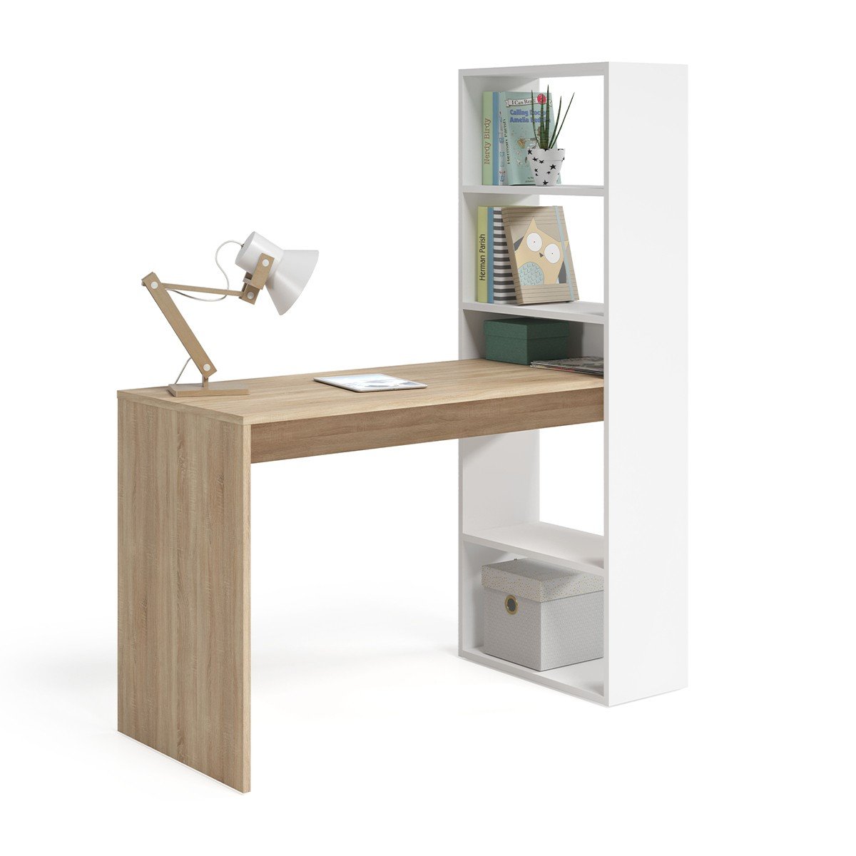 Bureau réversible avec étagère de rangement - L120 cm chêne clair / blanc, CALICOSY