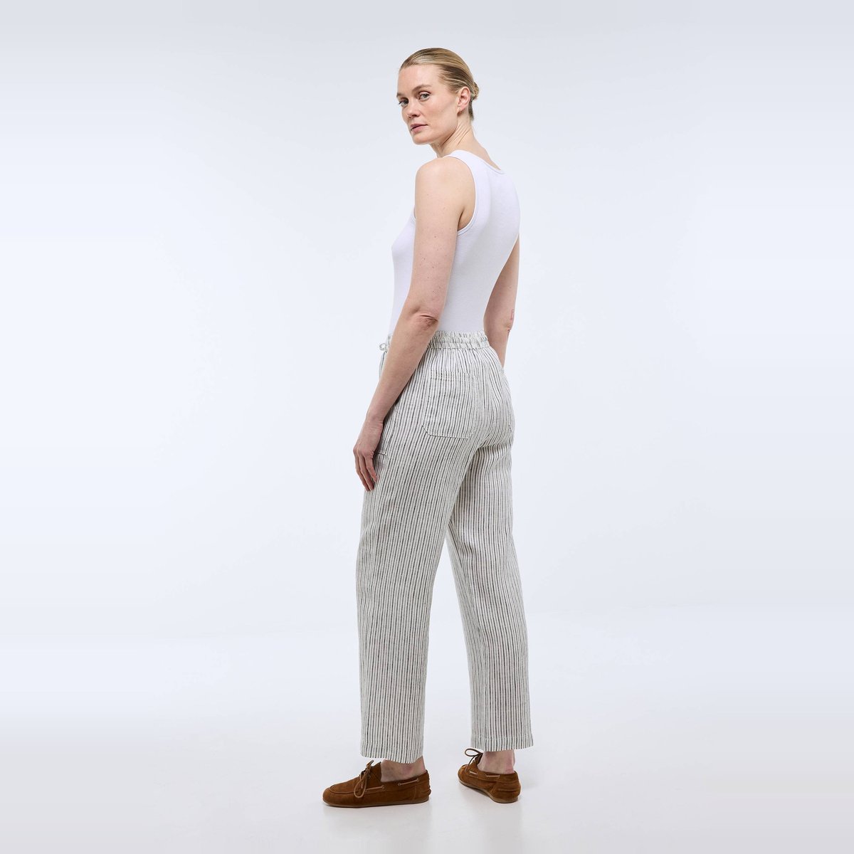 Pantalon taille semi élastiquée à rayures en lin ecru, MONOPRIX