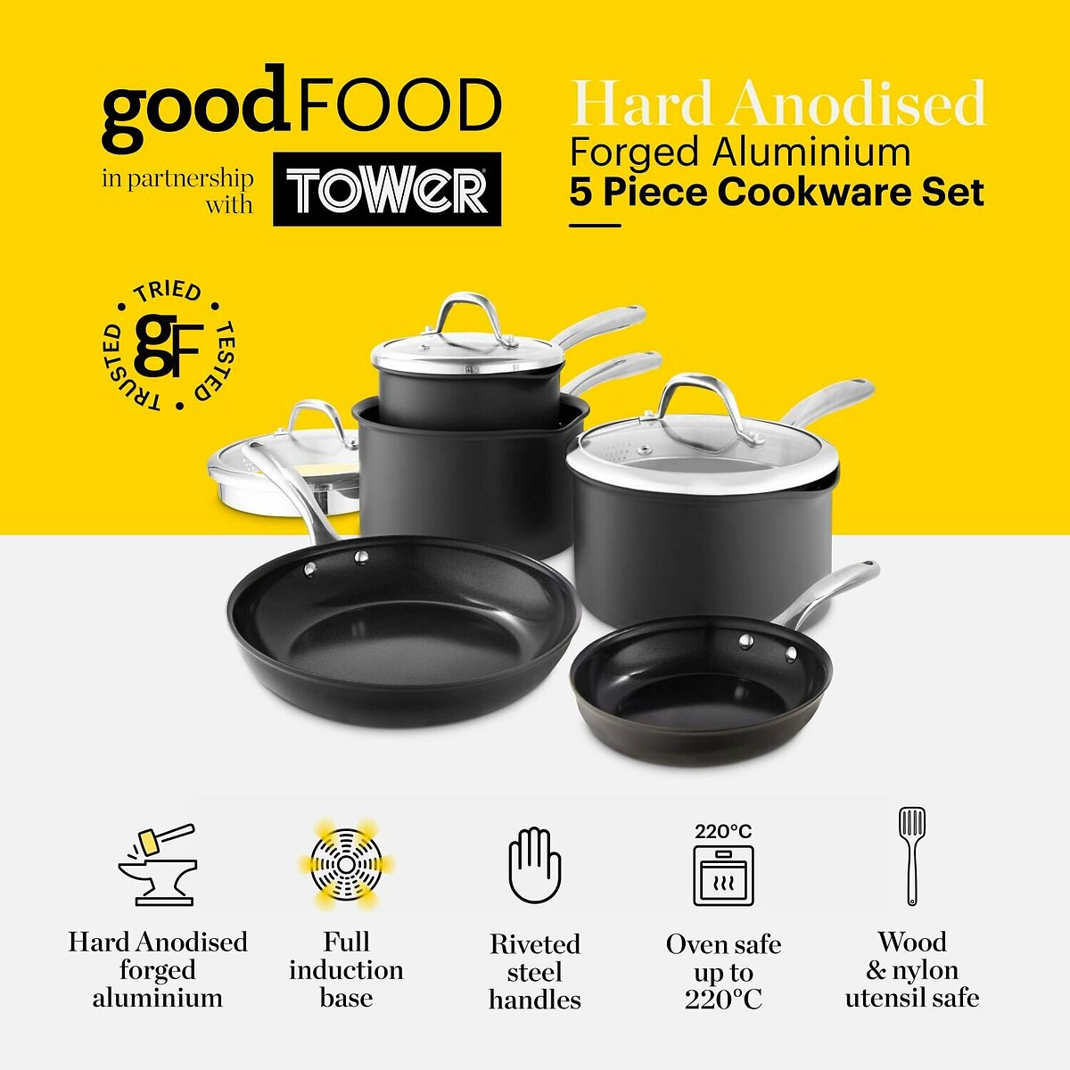 5-Piece Hard Anodized Cookware Set black, GOOD FOOD BY TOWER