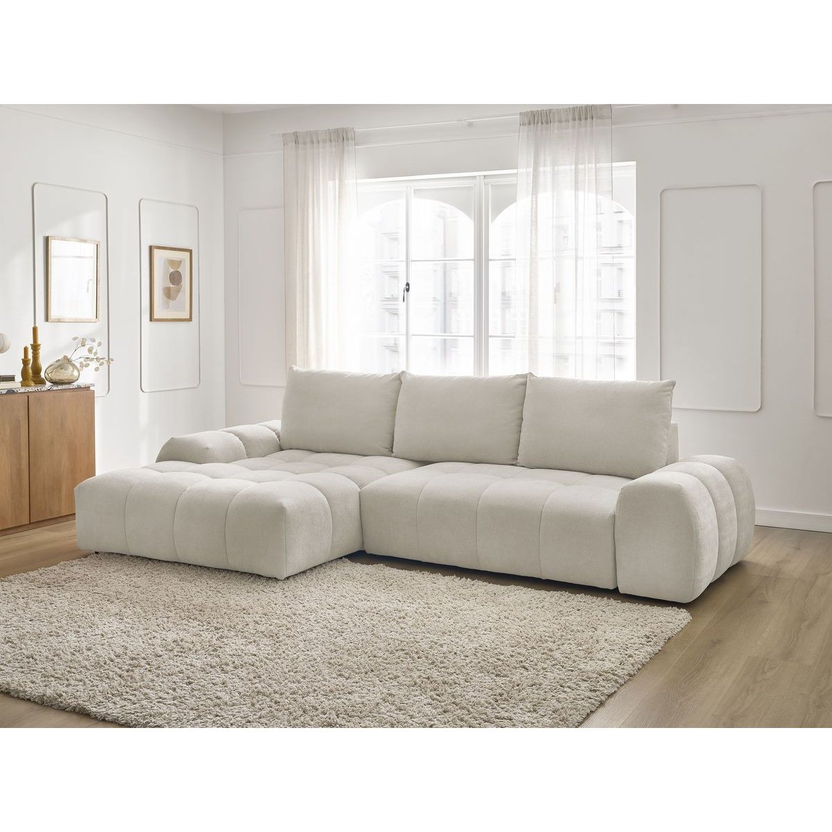 Canapé d'angle convertible 3 places en tissu texturé, EVEREST blanc, BOBOCHIC