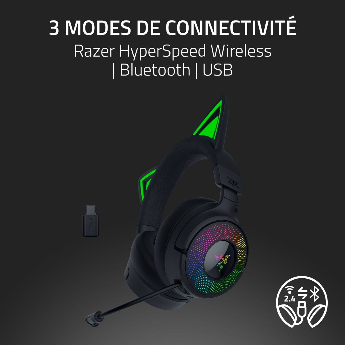 Casque gamer KRAKEN KITTY V3 PRO NOIR couleur unique, RAZER