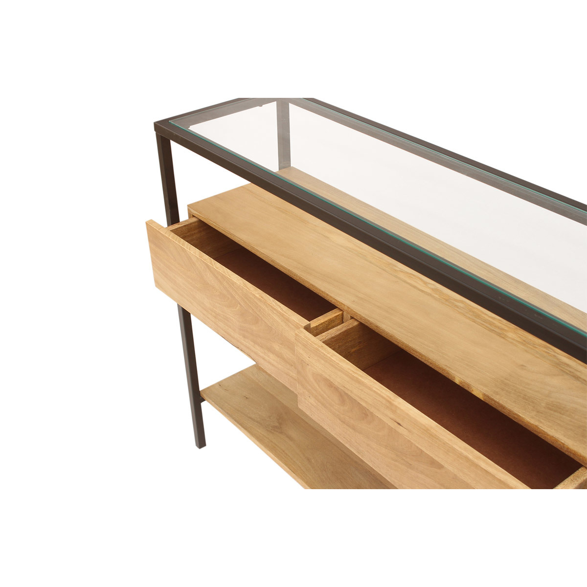 Console en bois foncé manguier massif et plateau en verre 2 tiroirs L100 cm SITA chêne clair, MILIBOO
