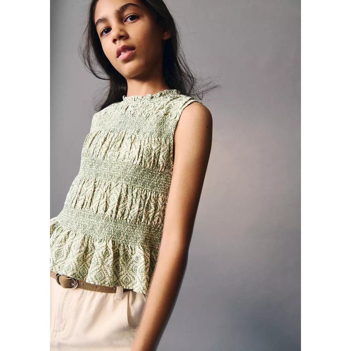 Blouse 100 % coton froncé vert pastel, MANGO KIDS