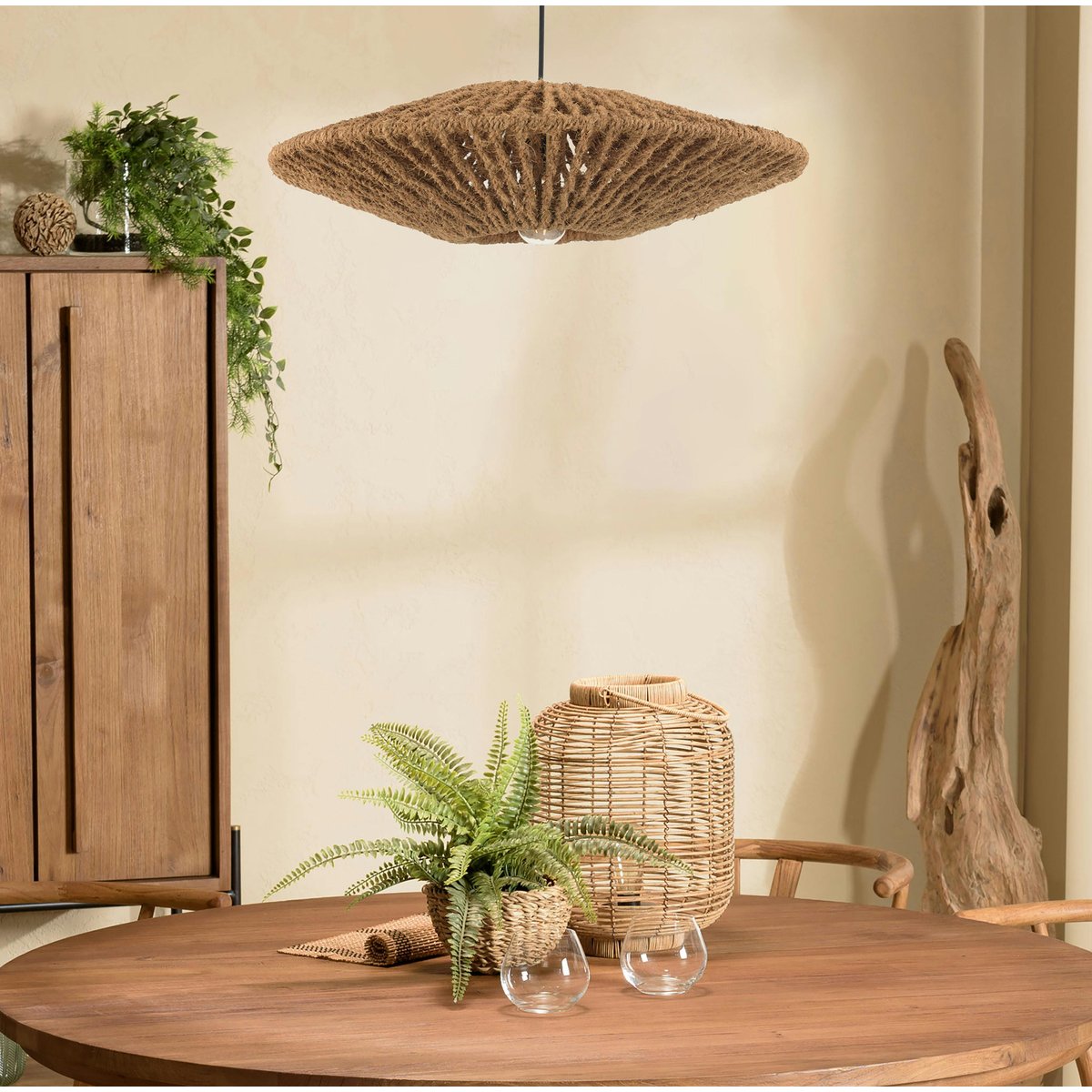 Suspension cymbale 60x60cm en fibre de coco et teck recyclé FOLELLI marron, PIER IMPORT