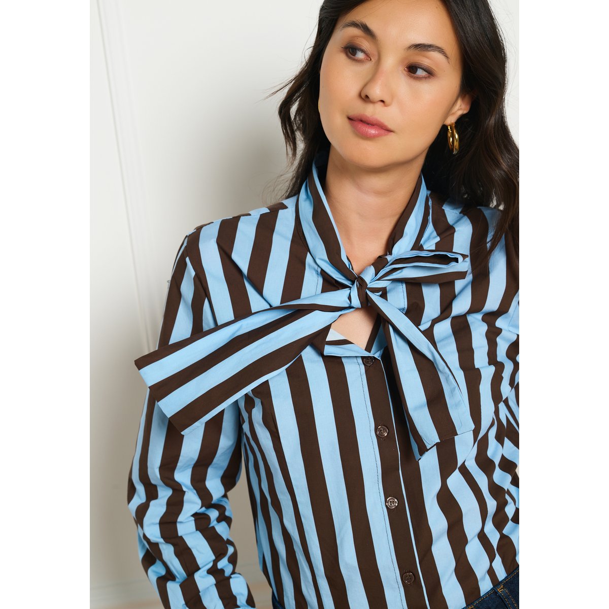 Blouse à noeud rayée bleu pastel, LOLALIZA